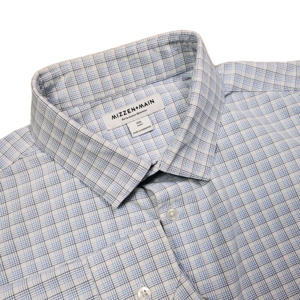 Mizzen Main Button Up Shirt Mens 2XL Trim Fit Blue Performance Plaid LS XXL